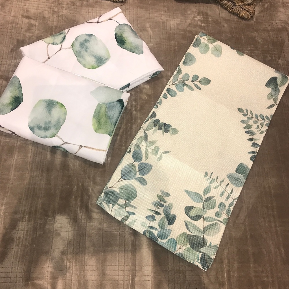 3 table cloths; Eucalyptus Leaves Square Table Cloths & 1 matching Table Runner